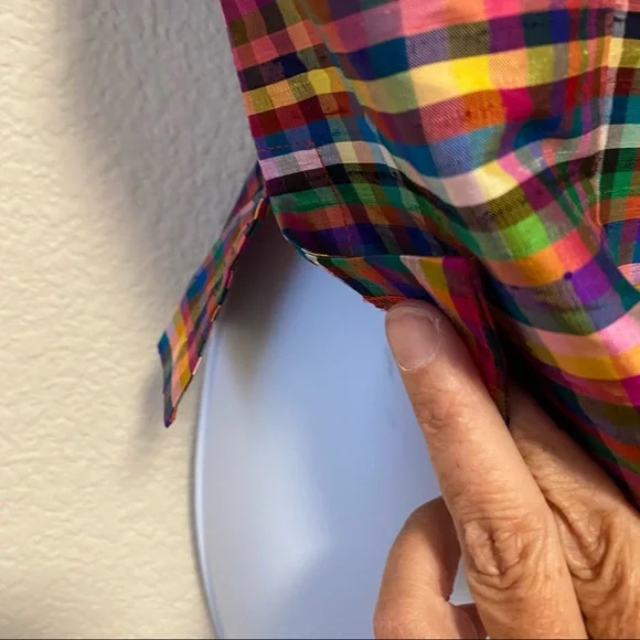 Lucia Lukken VTG Broomskirts Raw Silk Rainbow Pride Tartan Plaid Holiday Top 6 - Picture 4 of 7